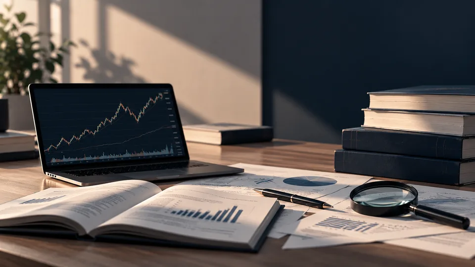 Finanzanalyse mit Laptop, Büchern und Unterlagen